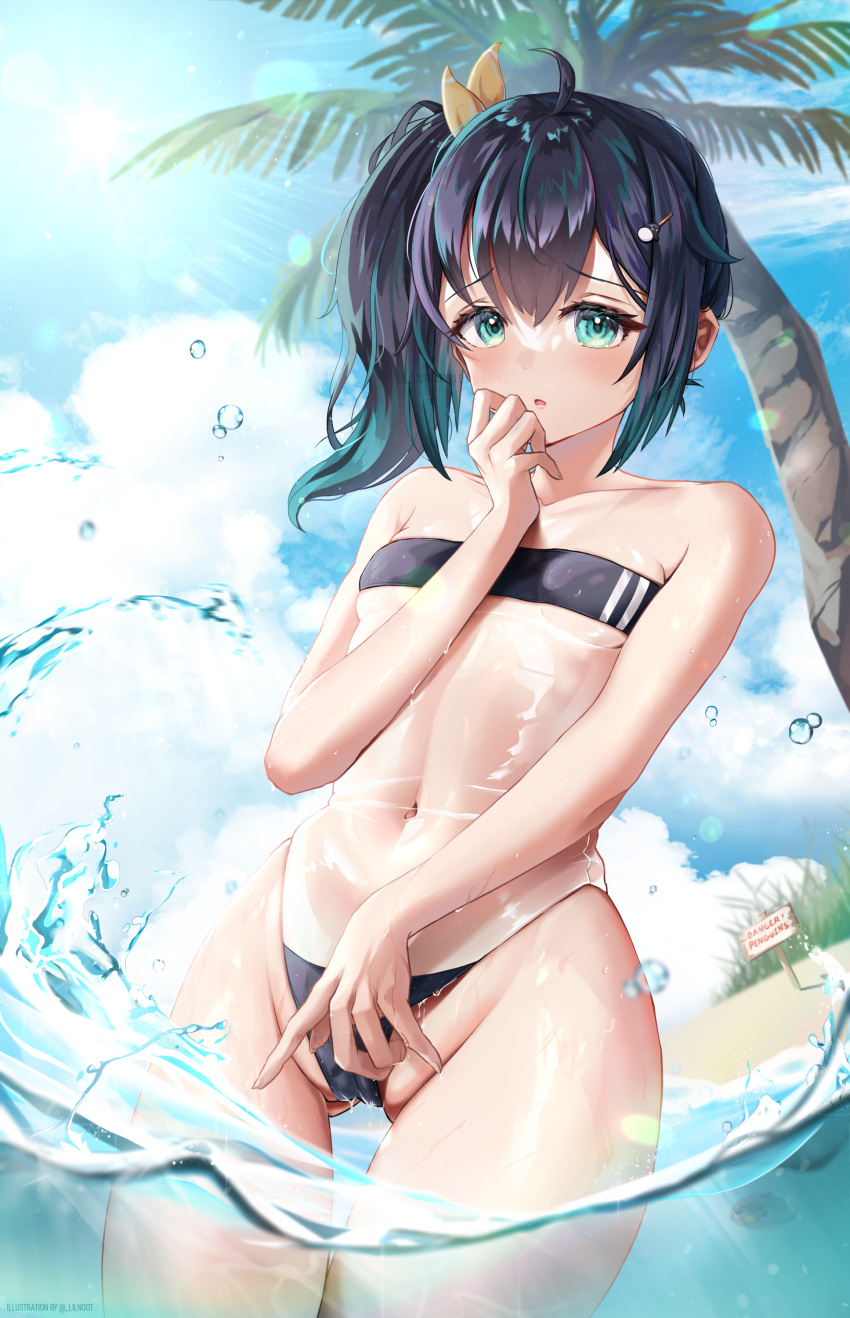 1girl :o absurdres ahoge artist_name ass_visible_through_thighs bare_arms bare_shoulders black_hair breasts cameltoe cloud covered_navel cowboy_shot english_commentary green_eyes gris_swimsuit hair_ornament hand_up highres lil_noot looking_at_viewer medium_hair meme_attire navel ocean open_mouth original outdoors palm_tree ribbon see-through shiny shiny_skin side_ponytail sign sky small_breasts solo swimsuit thigh_gap thighs tree virtual_youtuber wading wet wet_clothes yellow_ribbon