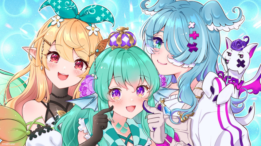 3girls :3 animal_on_shoulder bangs black_gloves black_sclera blonde_hair blue_background blue_eyes blush brown_eyes butterfly_hair_ornament collarbone colored_sclera crown dragon elbow_gloves elira_pendora english_commentary extra_eyes eyebrows_visible_through_hair finana_ryugu finger_to_another's_cheek flower frilled_sailor_collar frills gloves green_hair hair_flower hair_ornament hair_over_one_eye halter_top halterneck head_fins head_tilt head_wings highres lazulight lens_flare looking_at_viewer mugimugigo multiple_girls neck_tattoo nijisanji nijisanji_en off_shoulder one_eye_covered pikl_(elira_pendora) pointy_ears pomu_rainpuff purple_eyes purple_flower sailor_collar smile sweater tattoo virtual_youtuber white_sweater