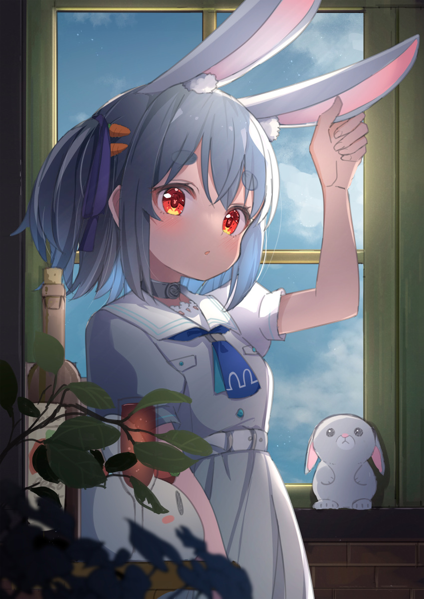 1girl absurdres ame. animal_ear_fluff animal_ears arm_up bangs blue_hair blue_ribbon blue_sky blush bottle bunny-shaped_pupils carrot_hair_ornament cloud commentary_request day dress eyebrows_visible_through_hair food-themed_hair_ornament hair_ornament hair_ribbon hand_on_ear highres hololive indoors looking_at_viewer parted_lips puffy_short_sleeves puffy_sleeves rabbit_ears red_eyes ribbon short_eyebrows short_sleeves sky solo stuffed_animal stuffed_bunny stuffed_toy symbol-shaped_pupils thick_eyebrows two_side_up usada_pekora virtual_youtuber white_dress window