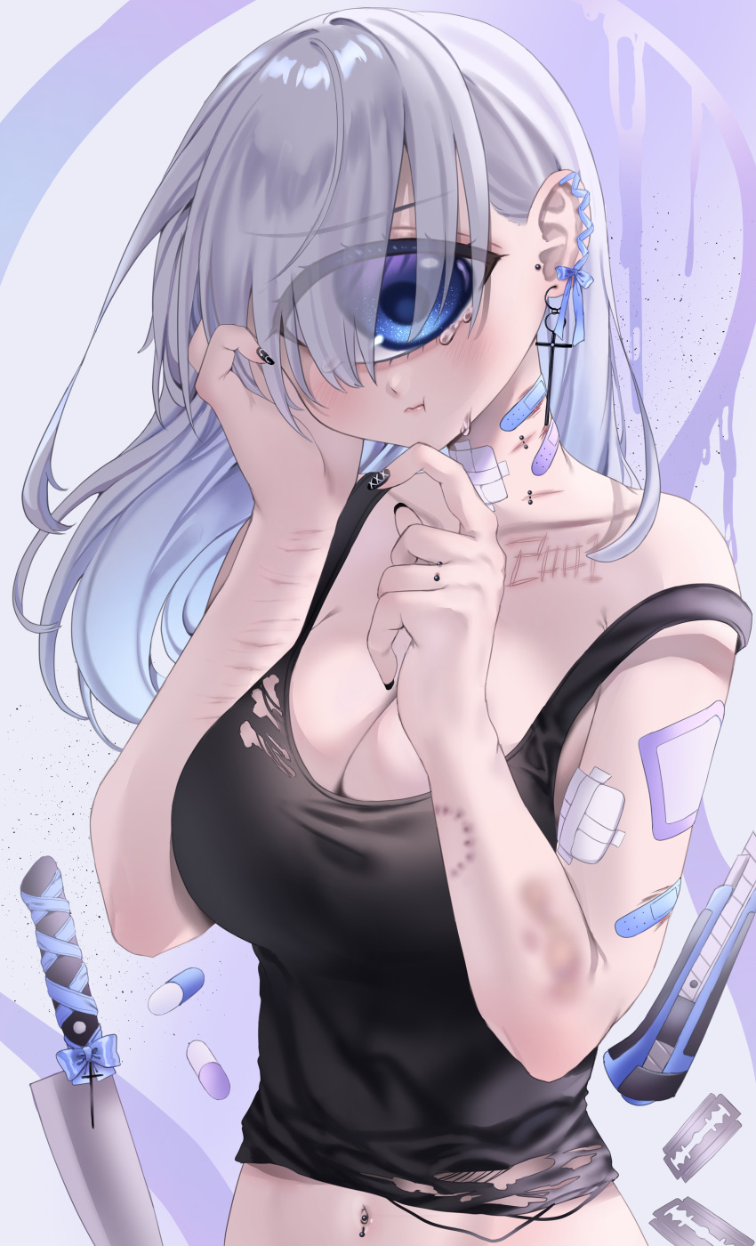 1girl :t absurdres bandages bandaid bangs bite_mark blue_eyes blush boxcutter breasts bruise cleavage collarbone corset_piercing crop_top crying cuts cyclops ear_piercing earrings eyebrows_visible_through_hair finger_piercing grey_hair hair_behind_ear hair_over_eyes hand_on_own_cheek hand_on_own_face highres injury jewelry knife large_breasts long_bangs long_hair looking_to_the_side midriff mntimccz monster_girl multiple_earrings nail_art nail_polish navel navel_piercing one-eyed original piercing pill razor_blade ribbon scar self_harm solo strap_slip tank_top tearing_up torn_clothes wrist_cutting