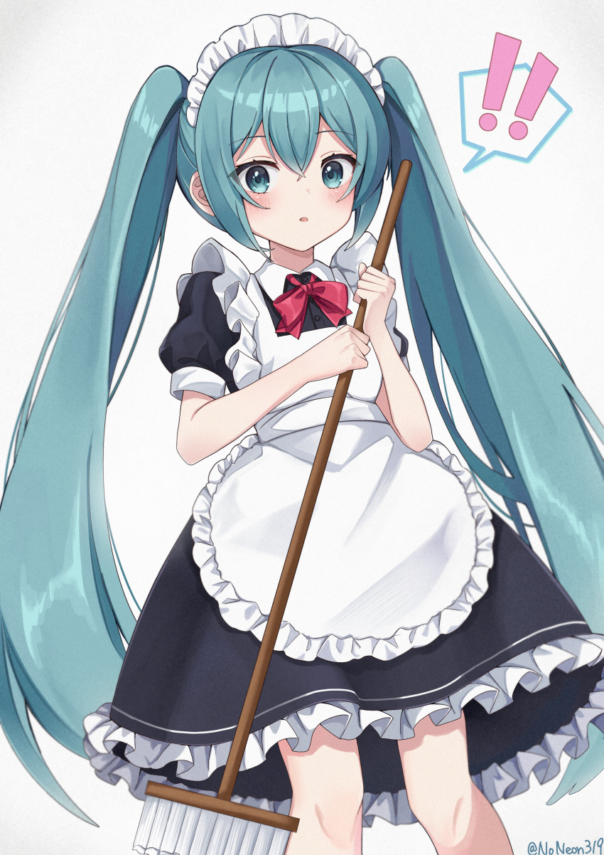 ! !! 1girl absurdres alternate_costume apron black_dress blush bow broom collared_dress commentary_request dress enmaided frilled_apron frilled_dress frills green_eyes green_hair grey_background hatsune_miku highres holding holding_broom long_hair looking_at_viewer maid maid_apron maid_headdress noneon319 parted_lips puffy_short_sleeves puffy_sleeves red_bow short_sleeves simple_background solo spoken_exclamation_mark twintails twitter_username very_long_hair vocaloid white_apron