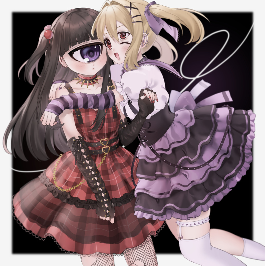 2girls absurdres arm_warmers back_bow bangs belt belt_chain black_hair blonde_hair blunt_bangs blush bow buckle collar collarbone corset cyclops dress ear_piercing earrings elbow_gloves extra_eyes eye_contact fingerless_gloves fishnet_legwear fishnets frills garter_straps gloves hair_bobbles hair_intakes hair_ornament hair_ribbon hairclip heart heart-shaped_buckle highres hug jewelry lace-up_gloves lace_trim layered_dress lolita_fashion long_hair looking_at_another mntimccz monster_girl multiple_belts multiple_earrings multiple_girls nail_art nail_polish one-eyed original piercing plaid plaid_dress puffy_short_sleeves puffy_sleeves purple_eyes red_eyes ribbon sailor_collar short_sleeves skindentation sleeveless sleeveless_dress spiked_collar spikes studded_belt thigh_strap thighhighs twintails underbust