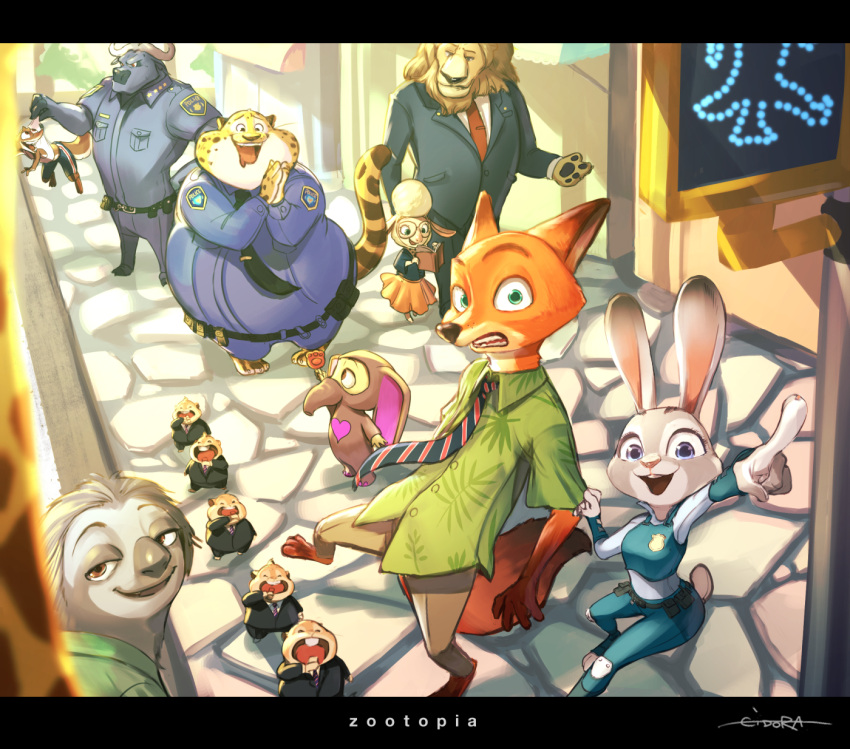 2018 ambiguous_gender anthro benjamin_clawhauser bovid bovine canid canine caprine chief_bogo clothing cricetid dawn_bellwether disney duke_weaselton english_text felid feline female finnick flash_slothmore fox group hamster hi_res judy_hopps king_gidora lagomorph leodore_lionheart lion male mammal mustelid musteline nick_wilde pantherine pilosan police_uniform rodent sheep signature sloth suit text uniform xenarthran zootopia