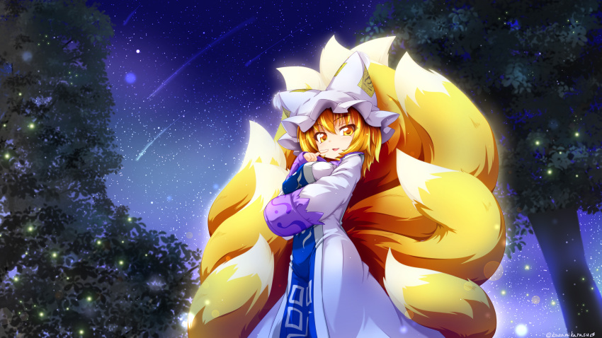 1girl absurdres animal_ears bangs blonde_hair dress eyebrows_visible_through_hair fox_ears fox_tail hat highres kazami_karasu long_sleeves looking_at_viewer multiple_tails night pillow_hat short_hair sky solo star_(sky) starry_sky tabard tail touhou tree white_dress yakumo_ran yellow_eyes