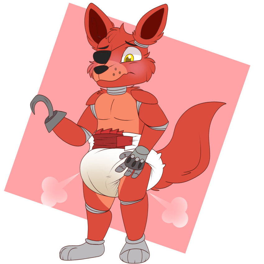1:1 2021 anthro biped blush bodily_fluids diaper eye_patch eyewear five_nights_at_freddy's foxy_(fnaf) fur genital_fluids hi_res kibacpup male scottgames simple_background smile solo standing urine video_games wet_diaper wetting