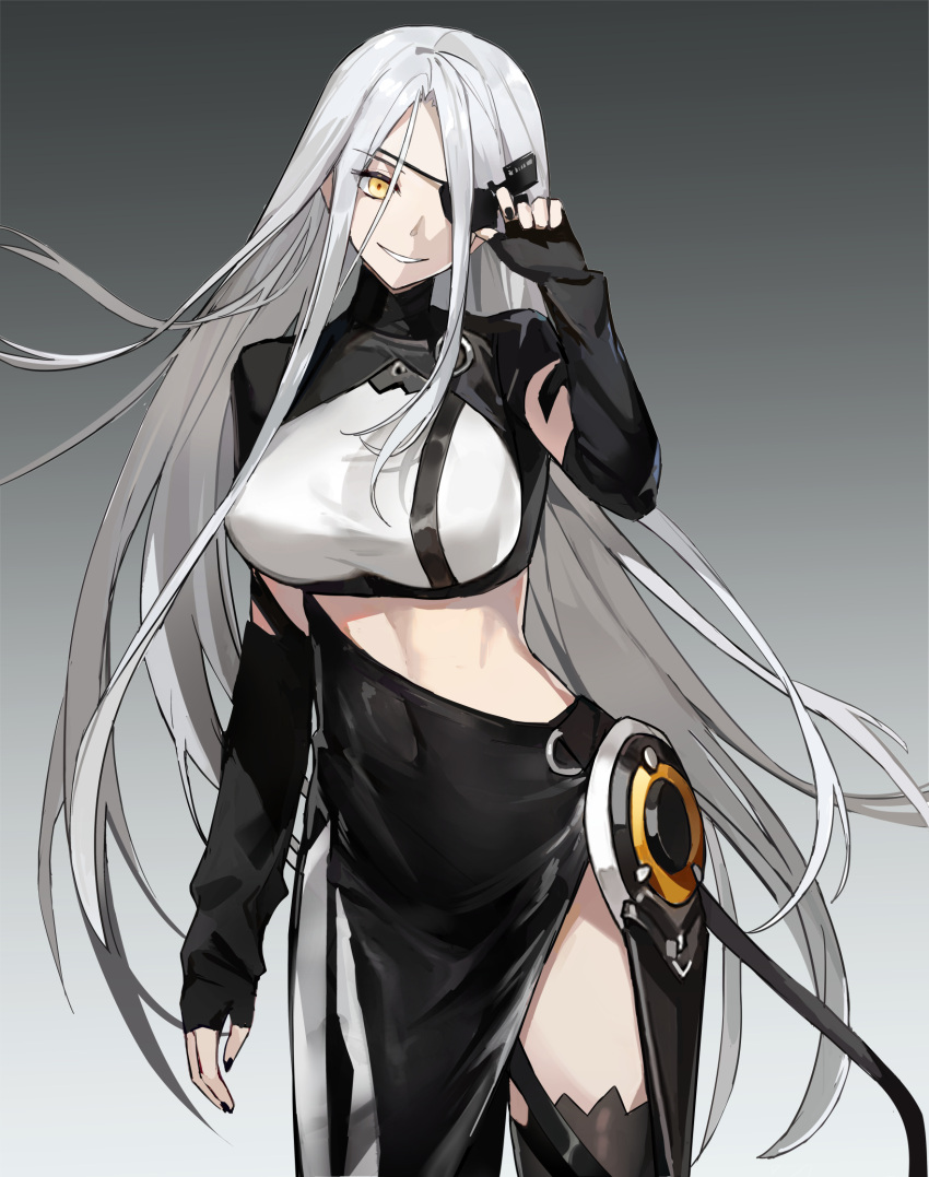 1girl alchemist_(girls'_frontline) arm_at_side bangs black_dress black_gloves black_legwear black_nails breasts cowboy_shot dress elbow_gloves eyepatch feet_out_of_frame fingerless_gloves girls'_frontline gloves grey_background grey_hair hair_ornament highres kuza_brs large_breasts long_hair looking_at_viewer nail_polish parted_lips sangvis_ferri simple_background smile solo standing thighhighs very_long_hair yellow_eyes