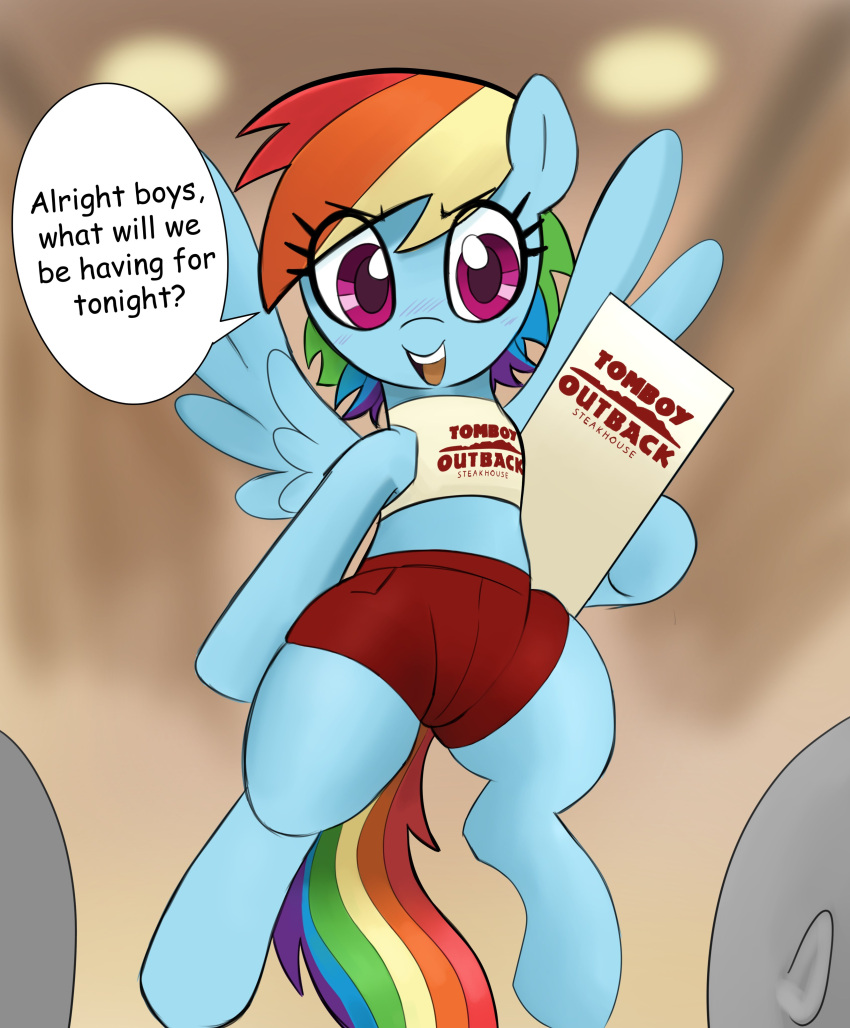absurd_res ambiguous_gender anthro blue_body bottomwear clothing crop_top dialogue english_text equid equine eyelashes female female_focus flying friendship_is_magic hair hi_res horse human male mammal midriff multicolored_hair multicolored_tail my_little_pony open_mouth pegasus pink_eyes pony rainbow_dash_(mlp) rainbow_hair rainbow_tail shirt shorts solo_focus speech_bubble text tomboy_outback ton618 topwear uniform wings