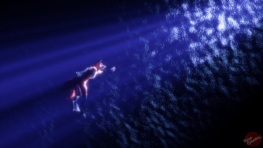 16:9 3d_(artwork) 4k absurd_res anthro asphyxiation blender_(software) canid canine claws depression detailed_background digital_media_(artwork) drowning fox fur hi_res light light_beam male mammal nude paws rosecreates scared sea solo underwater water widescreen