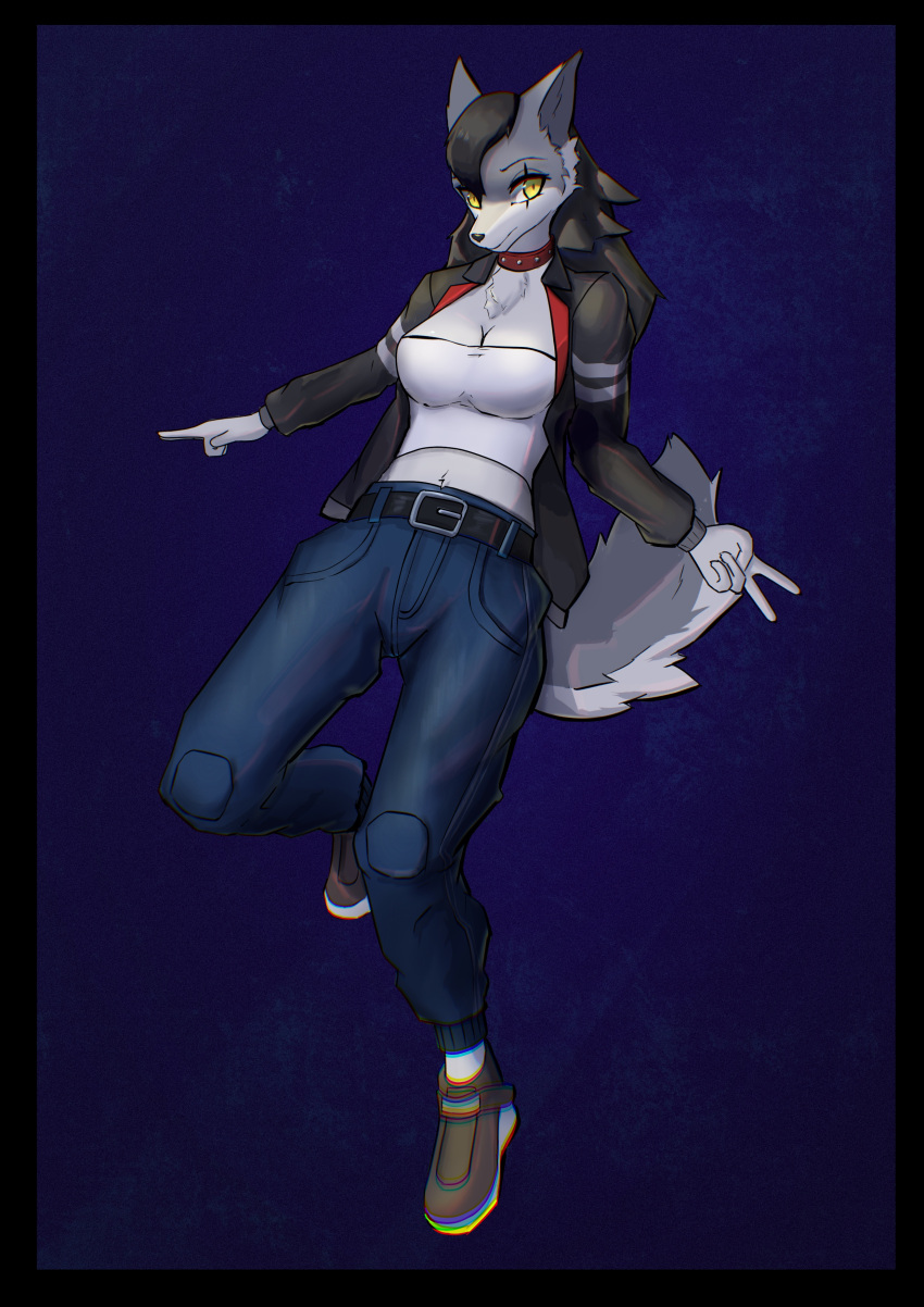 absurd_res anthro black_hair canid canine canis clothed clothing collar_ring female fur gfox404 grey_body grey_fur hair hi_res mammal solo strapless_clothing wolf yellow_eyes