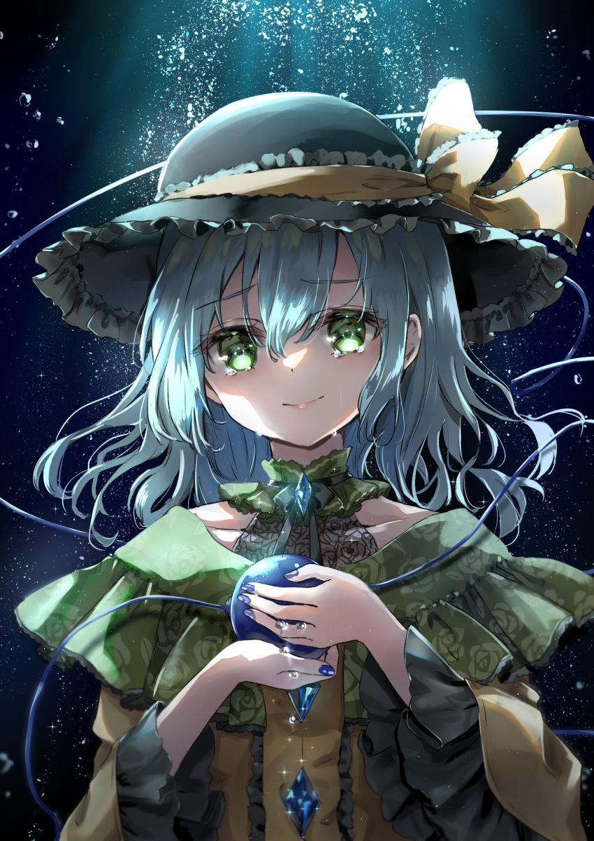 1girl adapted_costume black_headwear blue_nails closed_mouth collarbone crying crying_with_eyes_open eyeball eyebrows_visible_through_hair fingernails frilled_sleeves frills green_eyes green_hair hair_between_eyes hat hat_ribbon highres komeiji_koishi long_sleeves medium_hair nail_polish revision ribbon shironeko_yuuki solo tears third_eye touhou upper_body wide_sleeves yellow_ribbon