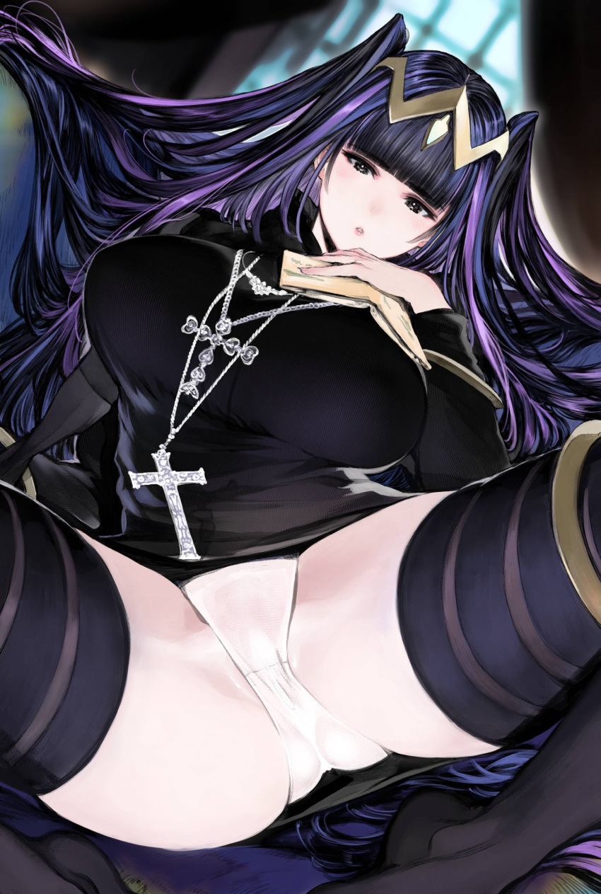 1girl alternate_costume bangs black_dress black_eyes black_hair black_legwear blunt_bangs blurry blurry_background blush book breast_suppress breasts circlet commentary commission cross cross_necklace curtains dress eyebrows_visible_through_hair feet_out_of_frame fire_emblem fire_emblem_awakening hand_on_own_chest highres holding holding_book houden_eizou jewelry large_breasts lips long_hair looking_at_viewer necklace open_book panties parted_lips partially_visible_vulva plump purple_hair ribbed_dress short_dress skeb_commission solo spread_legs tharja_(fire_emblem) thick_thighs thighhighs thighs two_side_up underwear white_panties window