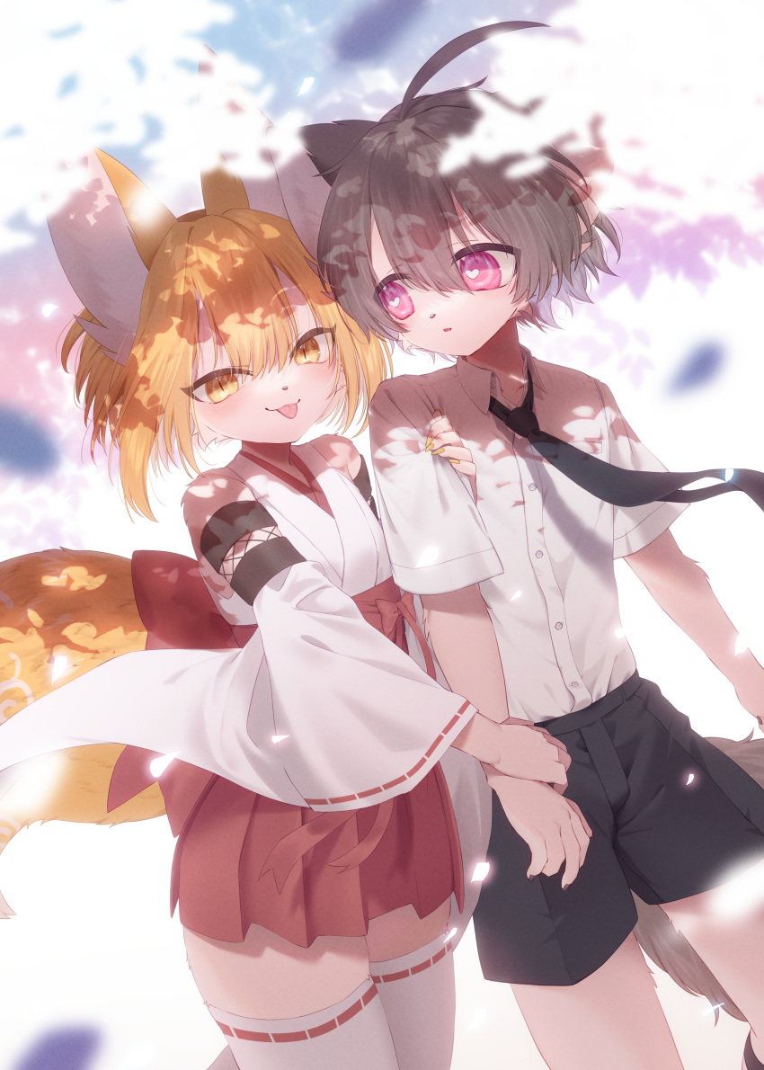 &lt;3 &lt;3_eyes 2022 5_fingers absurd_res ahoge anthro asian_clothing blep blonde_hair blush bottomwear brown_body brown_fur brown_hair canid canine canis cheek_tuft claws clothed clothing crossdressing duo east_asian_clothing facial_tuft finger_claws fingers fox fur girly hair haita hi_res japanese_clothing kemono looking_at_another looking_at_viewer male male/male mammal miko_outfit necktie pink_eyes pupils shirt short_hair shorts shrine_maiden slit_pupils thick_thighs tongue tongue_out topwear tuft white_body white_fur wolf yellow_body yellow_eyes yellow_fur