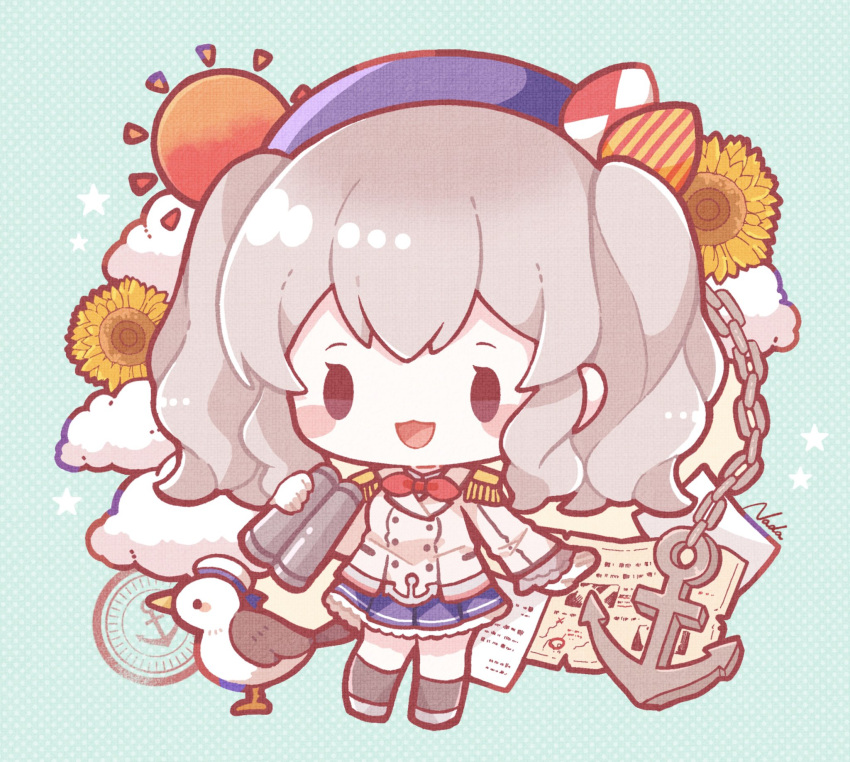 1girl :3 anchor animal bangs beret binoculars bird breasts chain chibi clothed_animal cloud epaulettes flower grey_hair hat highres holding holding_binoculars jacket kantai_collection kashima_(kancolle) long_hair military military_uniform nada_namie open_mouth paper seagull simple_background skirt star_(symbol) sun sunflower twintails uniform wavy_hair yellow_flower
