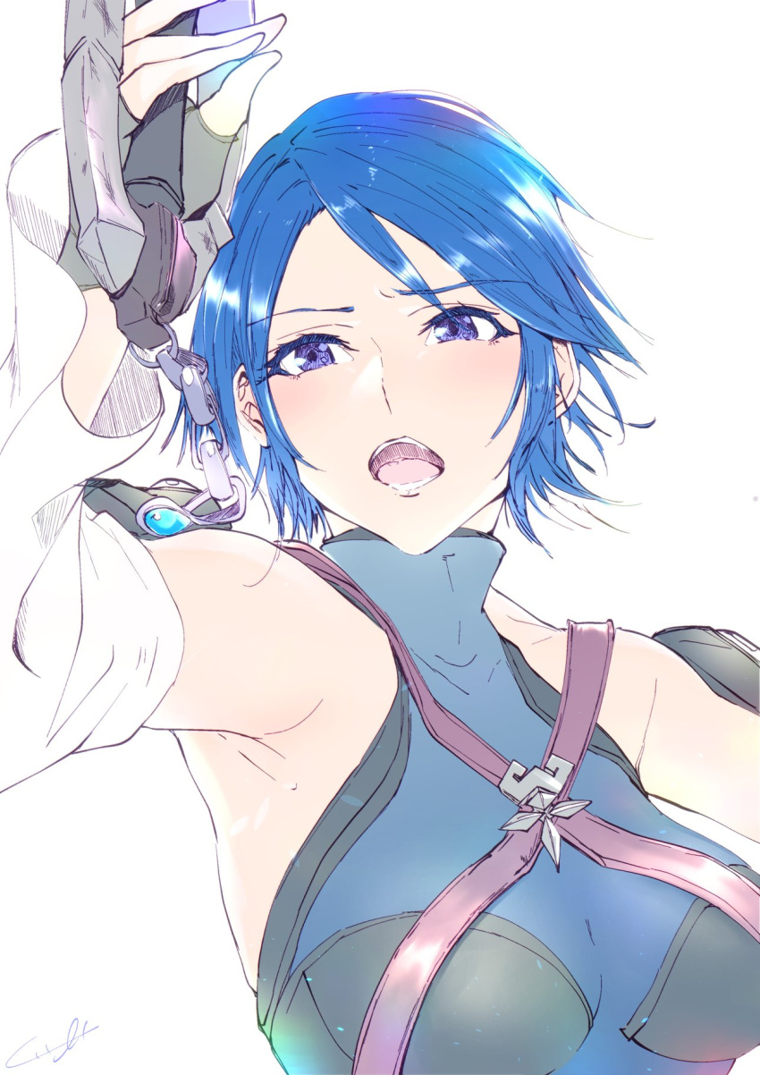 1girl aqua_(kingdom_hearts) armpits blue_eyes blue_hair breasts fingerless_gloves gloves highres keyblade kingdom_hearts kingdom_hearts_birth_by_sleep kingdom_hearts_iii kuziaaizuk looking_at_viewer open_mouth short_hair simple_background solo white_background