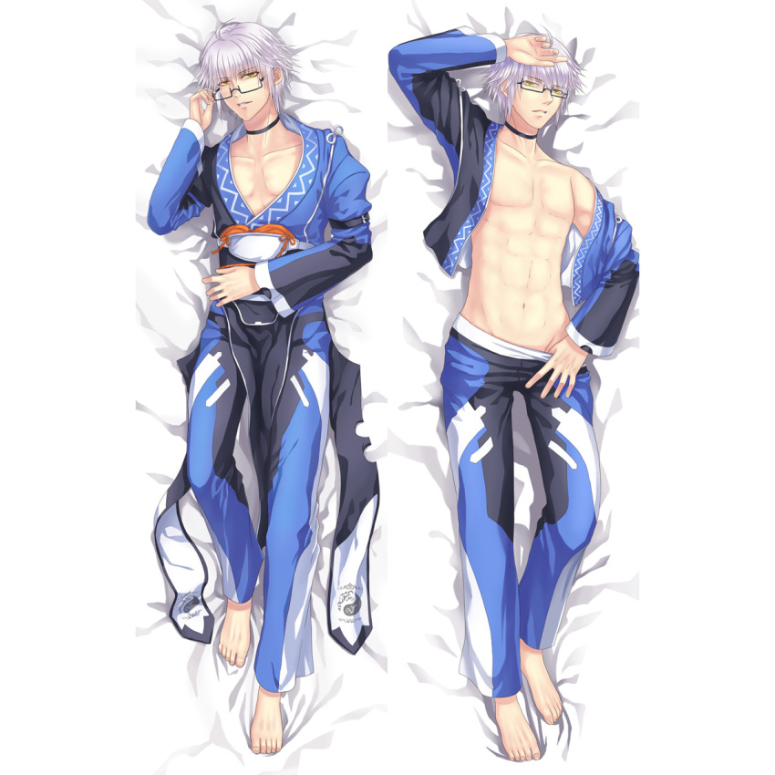 1boy abs adjusting_eyewear ahoge alha bangs barefoot black-framed_eyewear black_pants black_shirt blue_pants blue_shirt comiket_84 commentary_request dakimakura_(medium) eyebrows_visible_through_hair full_body glasses hair_between_eyes hand_on_own_head highres long_sleeves looking_at_viewer male_focus morichika_rinnosuke multicolored_pants multicolored_shirt multiple_views open_clothes open_shirt pants parted_lips rectangular_eyewear semi-rimless_eyewear shirt short_hair smile touhou under-rim_eyewear white_hair white_pants white_shirt yellow_eyes