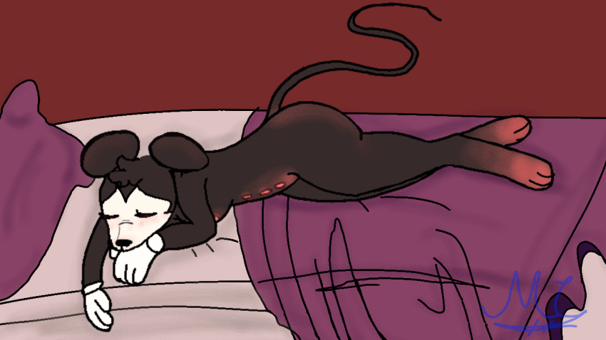 anthro areola bed breasts clothing dark_body dark_fur disney female fur furniture gloves handwear lying mammal minnie_mouse mouse mousechop multi_nipple murid murine nipples nude pink_feet red_background rodent simple_background sleeping solo solo_focus toony