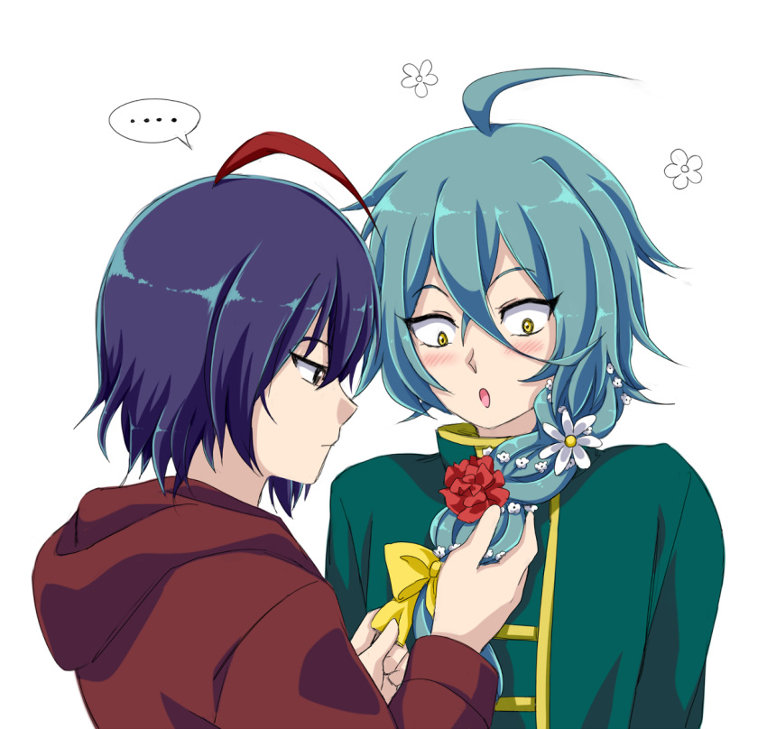 ... 2boys :o ahoge aqua_hair ashe_bradley black_eyes blue_hair blush bow braid brown_hoodie closed_mouth expressionless flower flower_(symbol) from_side green_shirt hair_between_eyes hair_bow hair_flower hair_ornament holding_another's_hair hood hoodie looking_down male_focus moon-realm multicolored_hair multiple_boys red_flower red_hair sanpaku shirt short_hair single_braid spoken_ellipsis streaked_hair upper_body white_background white_flower wilardo_adler witch's_heart yellow_bow yellow_eyes