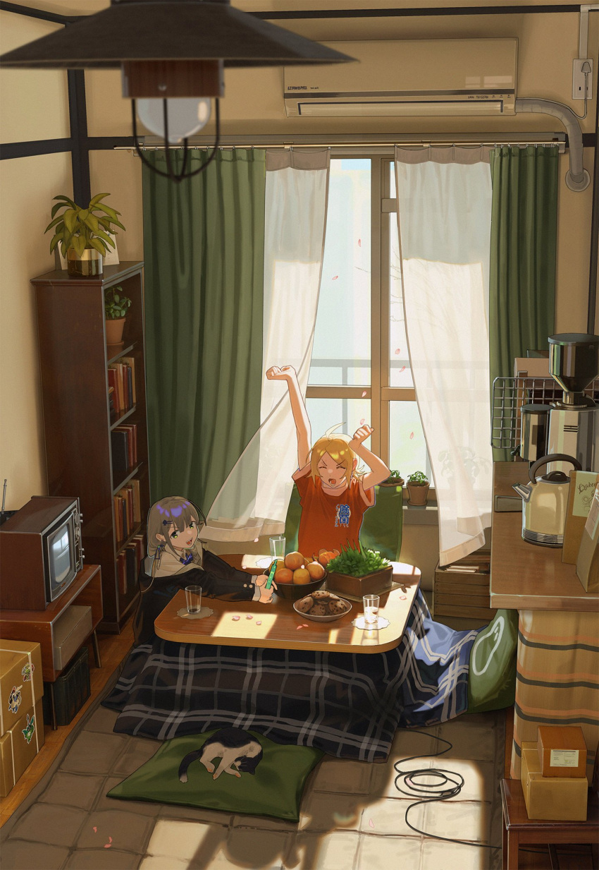 2girls ahoge air_conditioner blonde_hair book bookshelf bow bowtie box cat closed_eyes coffee_grinder cookie copyright_request crt cup curtains eggplus falling_petals food from_above fruit grey_hair hair_ornament highres holding holding_phone indoors jacket kettle kotatsu living_room long_sleeves low_twintails mandarin_orange multiple_girls open_mouth petals phone pillow plant potted_plant rabbit_ears_antenna shirt short_hair sitting spade_hair_ornament stretch t-shirt table television twintails v-shaped_eyebrows yawning yellow_eyes