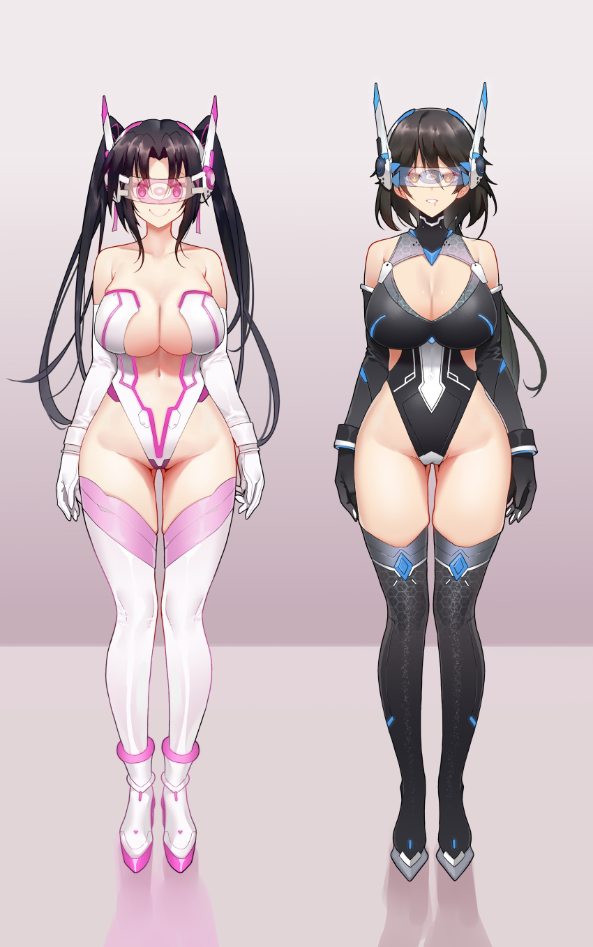 2girls absurdres bare_shoulders black_bodysuit black_gloves black_hair black_legwear bodysuit boots breasts detached_sleeves elbow_gloves gloves headgear high_school_dxd highres infinite_stratos large_breasts long_hair looking_at_viewer multiple_girls navel ninai no_bra no_panties orange_eyes orimura_chifuyu red_eyes revealing_clothes serafall_leviathan short_hair smile thighhighs twintails white_bodysuit white_gloves white_legwear