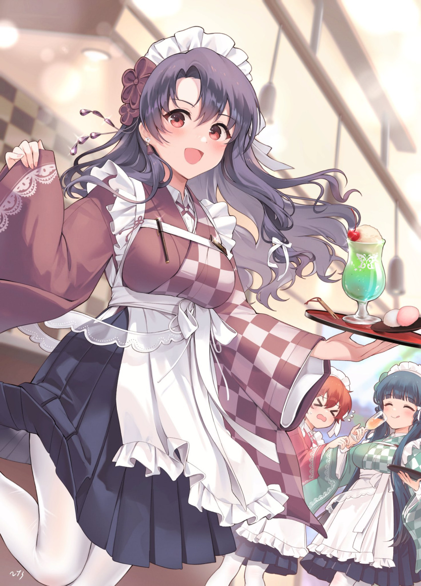 &gt;_&lt; 3girls :d ^_^ alternate_costume apron black_hair black_skirt blush closed_eyes drinking enmaided floating_hair flying_sweatdrops green_hair highres holding holding_tray idolmaster idolmaster_million_live! julia_(idolmaster) kitakami_reika long_hair looking_at_viewer maid maid_headdress mochi multiple_girls nys pantyhose pleated_skirt red_hair sherbet skirt smile takayama_sayoko tray wa_maid wavy_hair white_apron white_legwear wide_sleeves