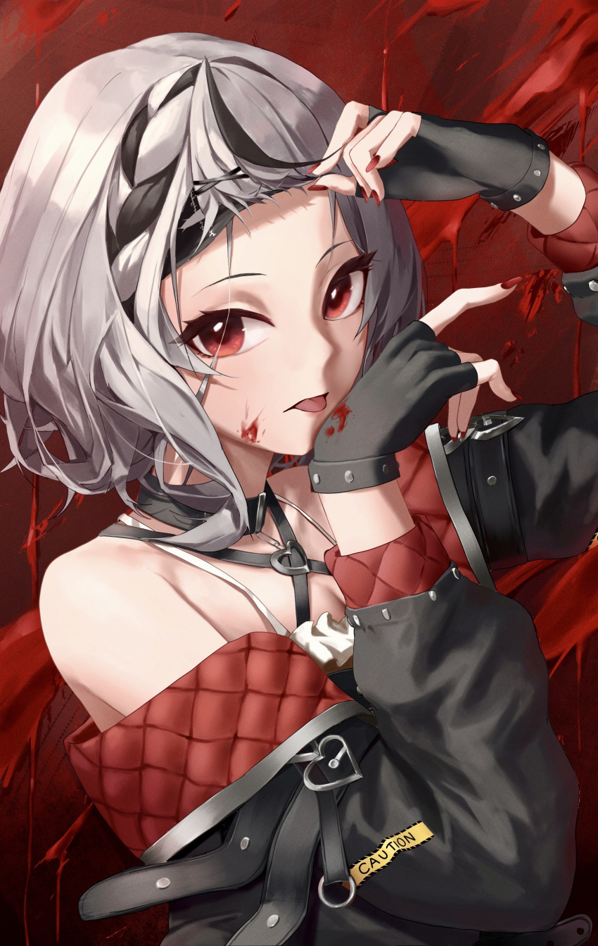 1girl :p absurdres arm_up bare_shoulders black_gloves black_hair black_jacket blood blood_on_clothes blood_on_face braid breasts cleavage collar commentary_request criss-cross_halter fingerless_gloves fingernails forehead gloves grey_hair hair_ornament hairclip halterneck hand_up heart_o-ring highres hololive jacket long_fingernails looking_at_viewer mask_lift multicolored_hair nail_polish open_clothes open_jacket red_background red_eyes red_nails sakamata_chloe short_hair solo toi1et_paper tongue tongue_out two-tone_hair upper_body virtual_youtuber x_hair_ornament