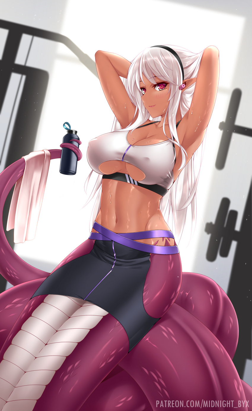 1girl armpits arms_behind_head arms_up bangs black_hairband black_skirt blush bottle breasts cleavage closed_mouth covered_nipples dark-skinned_female dark_skin english_commentary exercise_machine eyebrows_visible_through_hair groin gym hairband highres hip_vent holding holding_with_tail indoors lamia large_breasts long_hair looking_at_viewer midnight_(banyex) monster_girl navel original patreon_username pointy_ears prehensile_tail red_eyes scales sidelocks skirt smile solo sports_bra sportswear sweat tail towel tying_hair underboob water_bottle white_hair white_sports_bra wireless_earphones