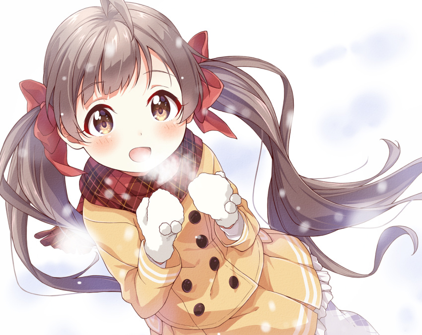 1girl ahoge blush breath brown_eyes brown_hair coat_dress commentary_request dress eyebrows_visible_through_hair gloves hakozaki_serika idolmaster idolmaster_million_live! long_hair long_sleeves scarf snowing solo toma_(shinozaki) twintails