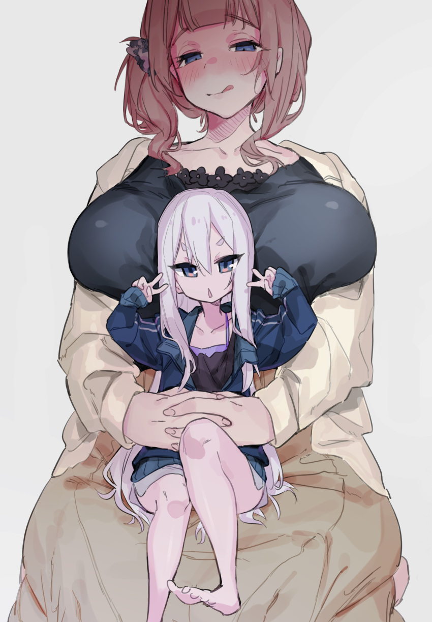 2girls absurdres age_difference blush breasts brown_hair character_request double_v hair_between_eyes highres huge_breasts jacket licking_lips looking_at_viewer mekyokyopon multiple_girls onee-loli project_sekai side_ponytail sitting sitting_on_lap sitting_on_person size_difference tongue tongue_out v white_hair yoisaki_kanade