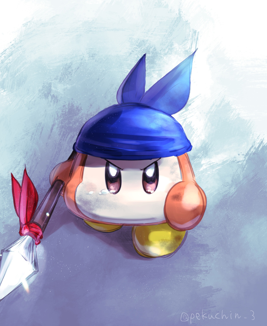 bandana bandana_waddle_dee blue_bandana brown_eyes chinyan full_body grey_background highres holding holding_polearm holding_weapon kirby_(series) looking_at_viewer no_humans polearm solo spear twitter_username v-shaped_eyebrows waddle_dee weapon