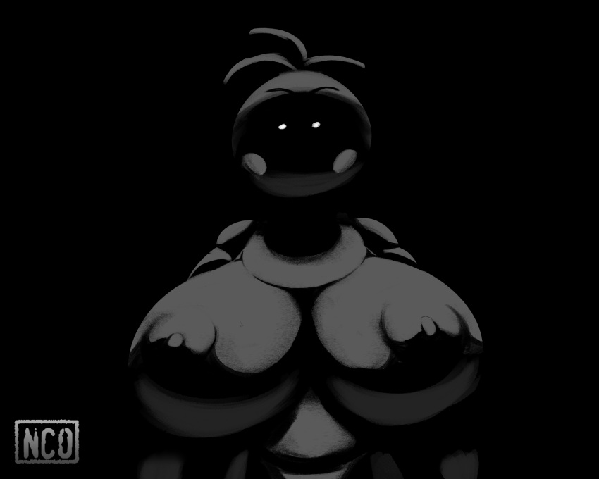 2022 5:4 animatronic anthro areola avian bib big_breasts bird breasts chicken dark digital_media_(artwork) female five_nights_at_freddy's five_nights_at_freddy's_2 galliform gallus_(genus) hi_res huge_breasts looking_at_viewer machine monochrome nipples non-mammal_breasts phasianid robot scottgames simple_background solo toy_chica_(fnaf) video_games white_eyes yeehawt0wn