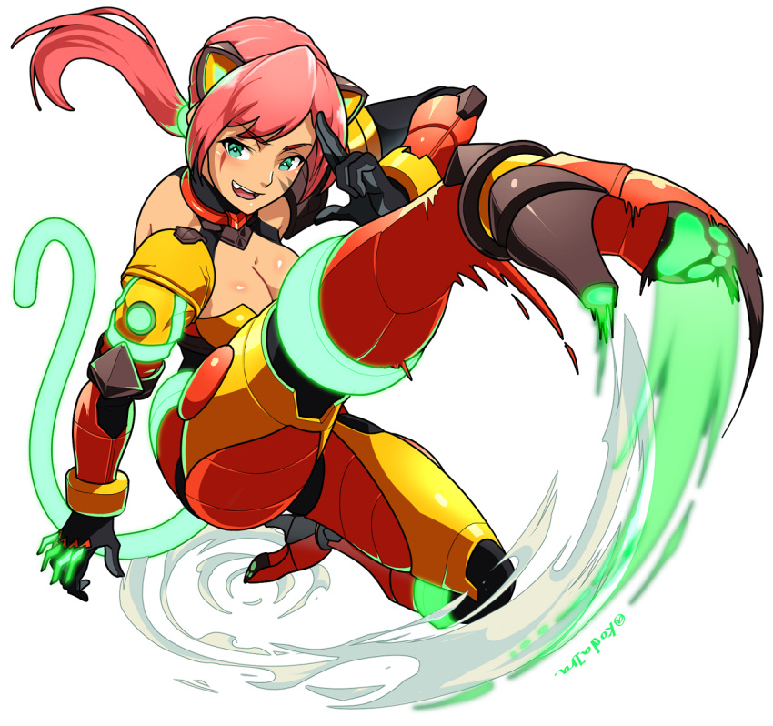 1girl animal_ears bangs bodysuit breasts cat_ears cat_tail clawed_gauntlets claws cleavage cleavage_cutout clothing_cutout commission facial_mark fake_animal_ears fake_tail glowing green_eyes jump_kick jumping kicking kicking_at_viewer koda1ra linmei_quan long_hair looking_at_viewer low_ponytail original paw_print paw_print_pattern paw_print_soles pink_hair ponytail scar scar_across_eye scar_on_face skeb_commission tail thighs watermark