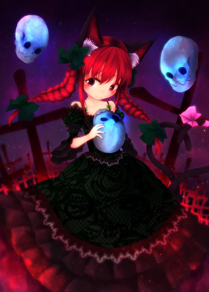 1girl absurdres adapted_costume animal_ears ayase_nome blush bow braid cat_ears cat_tail dress floating_skull heart heart_tail highres holding holding_skull kaenbyou_rin long_hair looking_to_the_side multiple_tails nekomata night night_sky off-shoulder_dress off_shoulder outdoors red_eyes red_hair skull sky solo tail touhou twin_braids