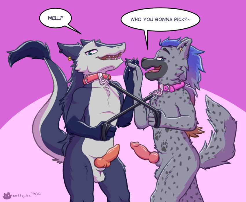 animal_genitalia animal_penis anthro balls canine_penis collar duo english_text erection fur genitals hair hi_res knot leash male male/male nude nutty_bo penis petplay roleplay sergal sheath simple_background smile submissive teasing text