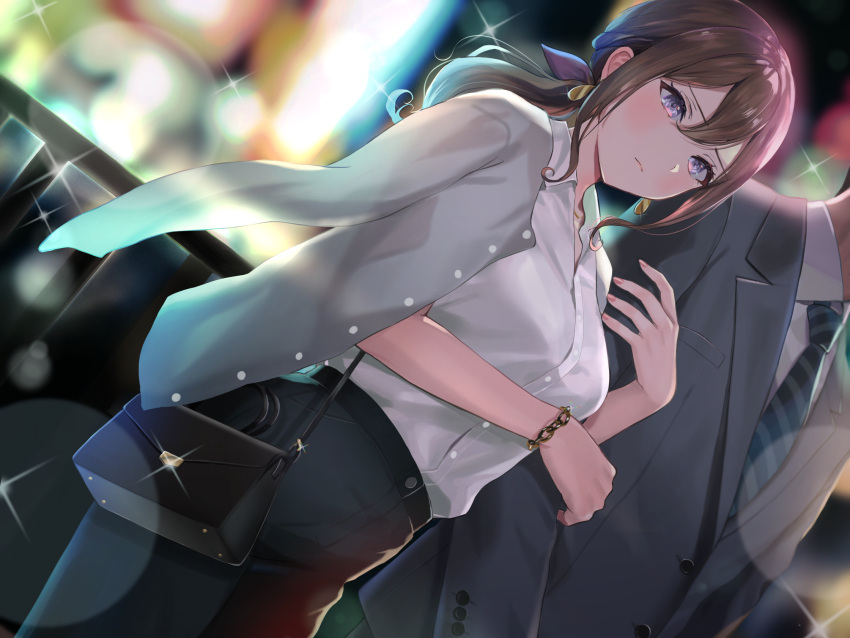 1boy 1girl bag black_pants bracelet brown_hair closed_mouth collared_shirt dress_shirt dutch_angle earring_removed formal grey_suit hair_ribbon handbag highres holding_another's_arm jewelry long_hair low-tied_long_hair necktie original out_of_frame pants purple_eyes railing ribbon sakamuke shirt shirt_on_shoulders shirt_tucked_in sidelocks solo_focus striped_necktie suit white_shirt