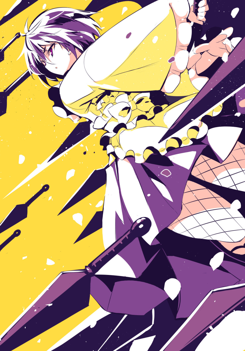 1girl bangs bow eyebrows_behind_hair fishnets floating floating_object floating_weapon highres holding holding_knife japanese_clothes knife kunai looking_to_the_side mochizuki_azami open_hand purple_eyes purple_hair purple_skirt sakura_taisen sdwing shin_sakura_taisen short_hair skirt solo textless v-shaped_eyebrows weapon yellow_background yellow_bow