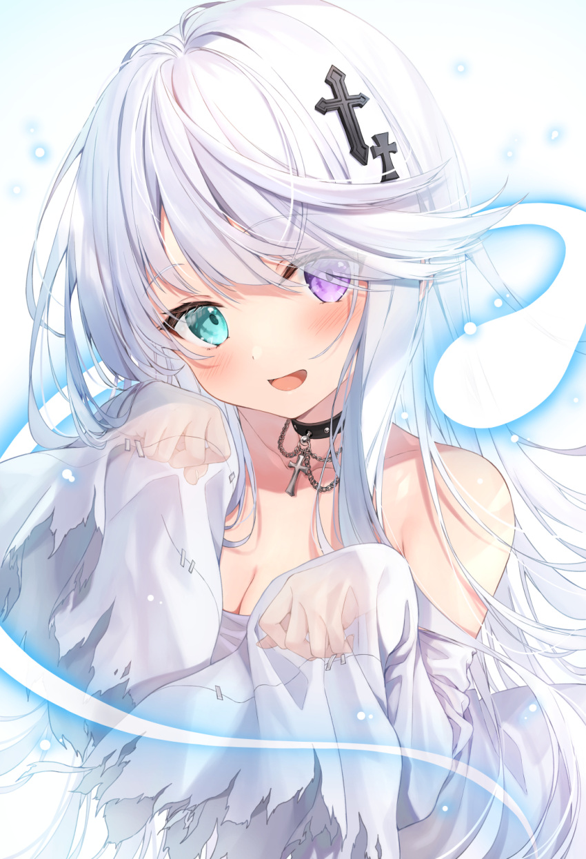 1girl aqua_eyes bangs breasts chain cleavage collar cross cross_hair_ornament ghost_pose hair_ornament hands_up heterochromia highres kakao_rantan light_blush long_hair looking_at_viewer open_mouth original purple_eyes see-through see-through_sleeves solo symbol-only_commentary upper_body white_background white_hair