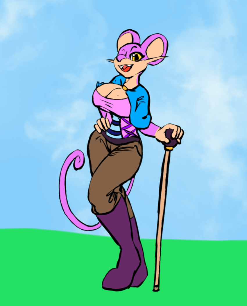 absurd_res anthro big_breasts blue_cape boots breasts cane clothing female footwear fur hi_res mammal murid murine nintendo penny_touya pink_clothing pink_shirt pink_topwear pok&eacute;mon pok&eacute;mon_(species) purple_body purple_boots purple_clothing purple_footwear purple_fur rat rattata rodent shirt silent_e solo topwear video_games walking_stick yellow_eyes