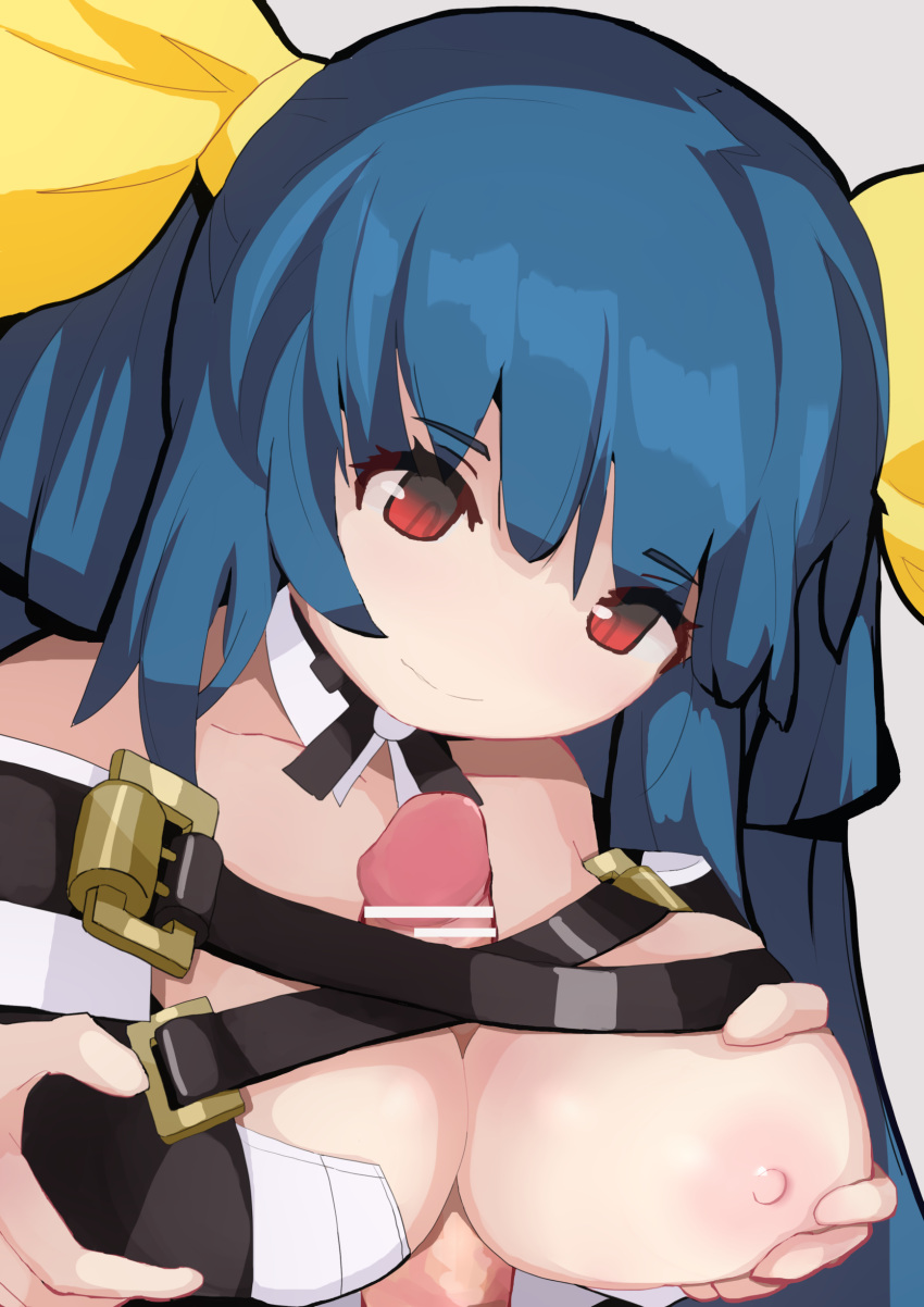 1boy 1girl absurdres areolae bangs bar_censor bare_shoulders belt blue_hair breast_grab breasts censored choker cleavage collarbone detached_collar detached_sleeves dizzy_(guilty_gear) eyebrows_visible_through_hair grabbing guilty_gear guilty_gear_xrd hair_ornament hair_ribbon hair_rings hand_on_own_chest hetero highres kitami_tsuzuka large_breasts long_hair looking_down nipples paizuri paizuri_under_clothes penis red_eyes ribbon solo_focus twintails upper_body yellow_ribbon
