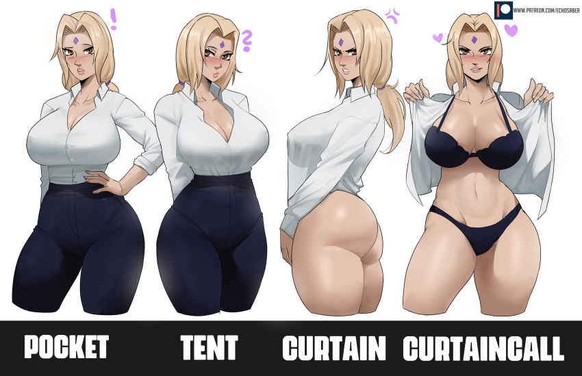 ! 1girl ? absurdres anger_vein ass black_bra black_panties black_pants blonde_hair bra breasts brown_eyes cleavage collared_shirt contemporary cropped_legs curtain_call_challenge dress_shirt echo_saber english_commentary english_text hand_on_hip heart high-waist_pants highres huge_breasts linea_alba lips low_ponytail mature_female medium_hair meme multiple_views naruto_(series) no_pants official_art open_clothes open_shirt panties pants plunging_neckline shirt shirt_tucked_in taut_clothes taut_shirt tented_shirt thick_thighs thighs tsunade_(naruto) underwear undressing variations white_shirt