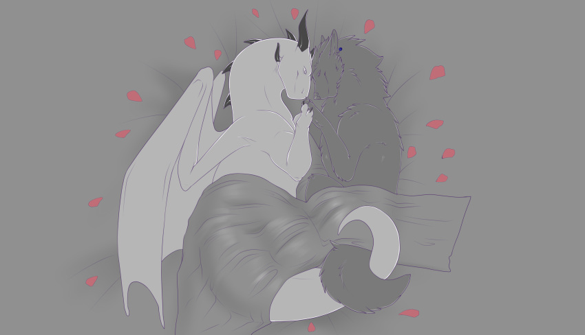 absurd_res bed canid canine canis cuddling dragon drake_inrelal duo feral fur furniture greyscale hi_res horn male male/male mammal monochrome on_bed paws petals romantic scalie spikes spikes_(anatomy) staffkira2891 under_covers western_dragon wings wolf
