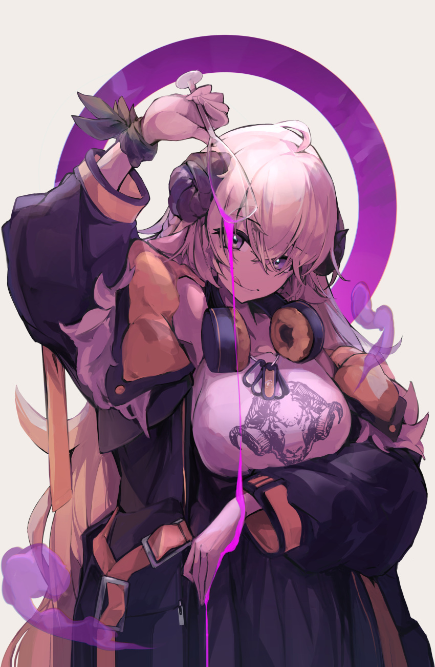 1girl :q absurdres bangs black_coat blonde_hair breasts closed_mouth coat cup dog_tags drinking_glass eyebrows_visible_through_hair hair_between_eyes headphones headphones_around_neck high-waist_skirt highres holding holding_cup hololive horns large_breasts long_hair long_sleeves looking_at_viewer multicolored_hair open_clothes open_coat pink_hair pouring pouring_onto_self print_shirt puffy_long_sleeves puffy_sleeves purple_eyes sheep_girl sheep_horns shirt simple_background skirt solo tongue tongue_out tsumeki tsunomaki_watame very_long_hair virtual_youtuber white_background