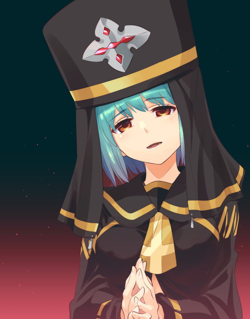 1girl absurdres blue_hair breasts commentary_request corruption dark_persona eyebrows_visible_through_hair gradient gradient_background green_hair highres ishiyumi looking_at_viewer medium_breasts open_mouth orange_eyes original own_hands_together portrait priestess sailor_collar short_hair smile solo veil