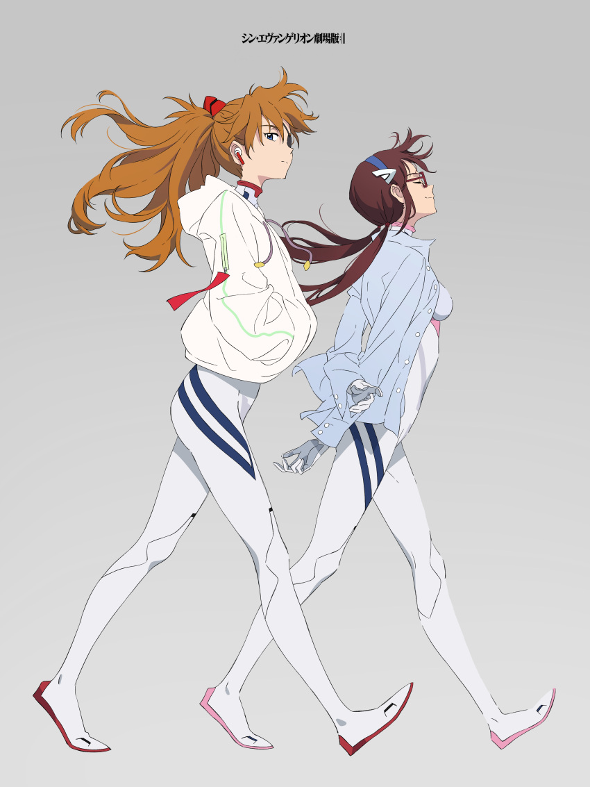 2girls absurdres airpods blue_eyes blue_hairband blue_shirt breasts closed_eyes english_commentary evangelion:_3.0+1.0_thrice_upon_a_time floating_hair from_side glasses grey_background hair_behind_ear hairband highres hood hooded_jacket jacket long_hair low_twintails makinami_mari_illustrious multiple_girls neon_genesis_evangelion pilot_suit plugsuit rebuild_of_evangelion shirt sidney_deng skin_tight small_breasts smile souryuu_asuka_langley twintails two_side_up walking white_jacket wireless_earphones