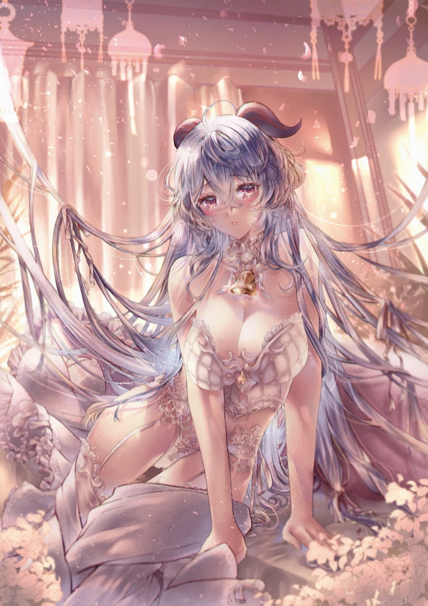 1girl ahoge alternate_hairstyle arm_support bangs bell blue_hair breasts cleavage curtains eyebrows_visible_through_hair ganyu_(genshin_impact) genshin_impact highres horns indoors large_breasts lingerie long_hair looking_at_viewer miyu neck_bell parted_lips purple_eyes sitting solo thighs underwear