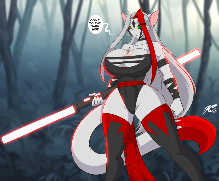 2022 anthro big_breasts breasts chest_tuft cleavage clothed clothing curvy_figure dipstick_tail domestic_cat eyebrow_through_hair eyebrows facial_markings felid feline felis female green_eyes hair head_markings knuckle_up! legwear leotard lightsaber long_hair looking_at_viewer mammal markings mastergodai melee_weapon rushana solo star_wars tail_markings thick_thighs thigh_highs translucent translucent_hair tuft voluptuous weapon wide_hips yellow_sclera