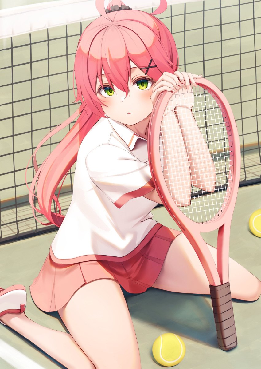 1girl absurdres ahoge ball bangs bare_legs eyebrows_visible_through_hair green_eyes hair_between_eyes hair_ornament hair_scrunchie highres holding holding_racket hololive long_hair looking_at_viewer miniskirt nyan_(reinyan_007) parted_lips pink_hair ponytail racket red_skirt sakura_miko scrunchie shirt shoes short_sleeves sitting skirt solo sportswear tennis_ball tennis_court tennis_uniform very_long_hair virtual_youtuber wariza white_footwear white_shirt x_hair_ornament