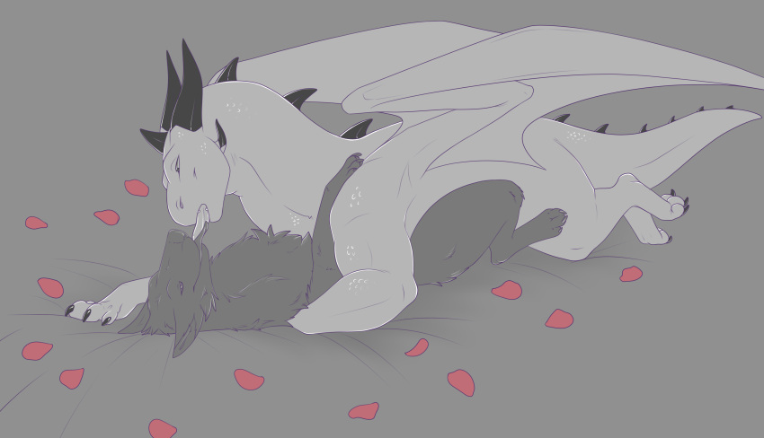 absurd_res bed canid canine canis cuddling dragon drake_inrelal duo embrace feral fur furniture hi_res horn hug kissing lying male male/male mammal odyes on_back on_front on_top paws petals romantic scalie size_difference spikes spikes_(anatomy) staffkira2891 thick_thighs tongue western_dragon wings wolf