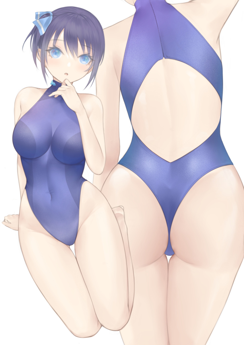 1girl :o blue_eyes breasts covered_navel dark_blue_hair groin highleg highleg_swimsuit highres kanojo_mo_kanojo large_breasts looking_at_viewer mari_(doraerin0) minase_nagisa multiple_views one-piece_swimsuit short_hair simple_background swimsuit thigh_gap white_background