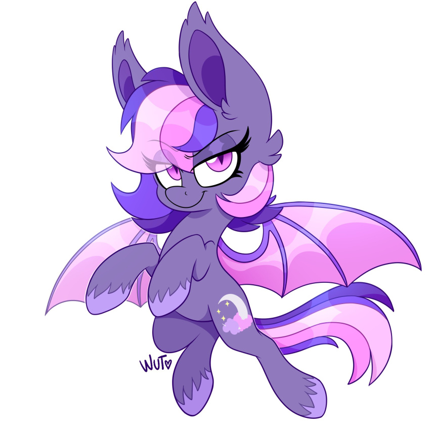 bat_pony bat_wings cutie_mark ear_tuft equid eyelashes fan_character female feral fur hair half-closed_eyes hasbro hi_res hooves mammal membrane_(anatomy) membranous_wings my_little_pony narrowed_eyes pink_eyes pink_hair pink_tail purple_body purple_fur purple_hair purple_tail signature simple_background smile spread_wings tuft white_background wings wutanimations