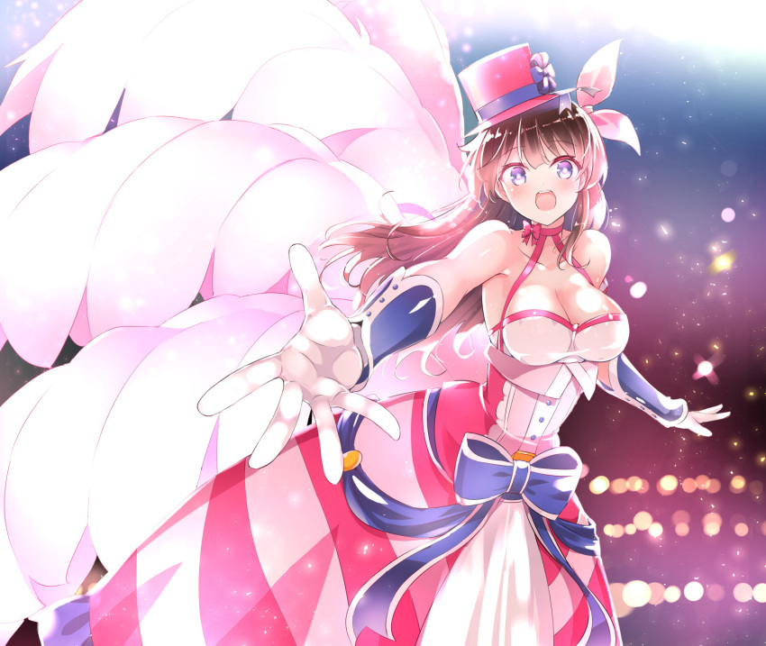 1girl amamiya_sakura bangs blue_bow blue_eyes blush bow breasts brown_hair cleavage collarbone dress eyebrows_visible_through_hair gloves hair_ribbon halter_dress halterneck hat highres leaning_forward light_particles looking_at_viewer medium_breasts open_mouth pink_headwear pink_ribbon ribbon sakura_taisen sdwing shin_sakura_taisen smile solo top_hat white_gloves